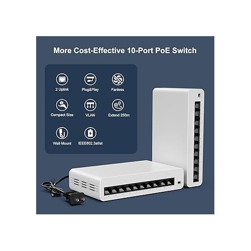  【2024 New Released】 10 Port PoE Switch, 8 PoE+ Ethernet Port 100Mbps, 96W 802.3af/at, Extend 250m, Fanless, Yuanley Unmanaged Network Switch Compatible for Hikvision, Reolink, Amcrest Security Camera