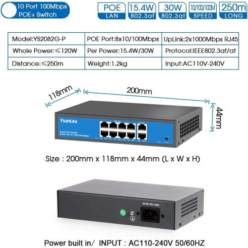  YuanLey 8 Port PoE Switch, 2 Gigabit UpLink, 120W 802.3af/at, 8 PoE+ 100mbps, Extend Function, Metal Fanless Unmanaged