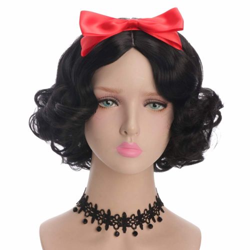  Yuehong Short Curly Black Wig Cosplay Wig Synthetic Halloween Anime Cosplay Party Hair Wigs With Bow