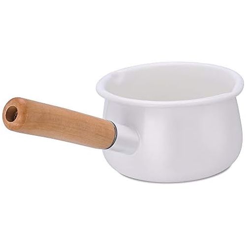  [아마존베스트]YumCute Home Enameled Sauce Pan with Dual Pour Spout Milk Pan Healthy White Enameled Inside Coating Iron Milk Pan and Butter Warmer with Wooden Handle Handy Pot (White)