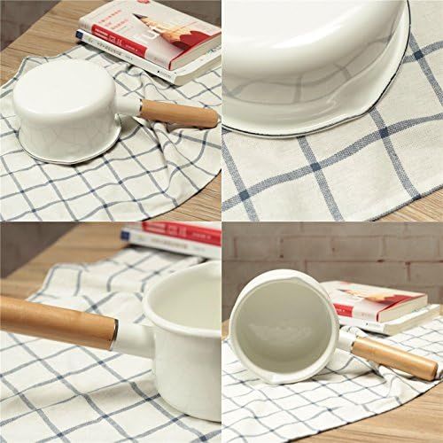  [아마존베스트]YumCute Home Enameled Sauce Pan with Dual Pour Spout Milk Pan Healthy White Enameled Inside Coating Iron Milk Pan and Butter Warmer with Wooden Handle Handy Pot (White)