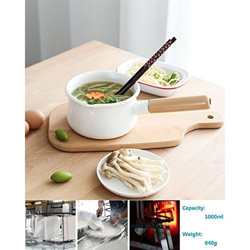  [아마존베스트]YumCute Home Enameled Sauce Pan with Dual Pour Spout Milk Pan Healthy White Enameled Inside Coating Iron Milk Pan and Butter Warmer with Wooden Handle Handy Pot (White)