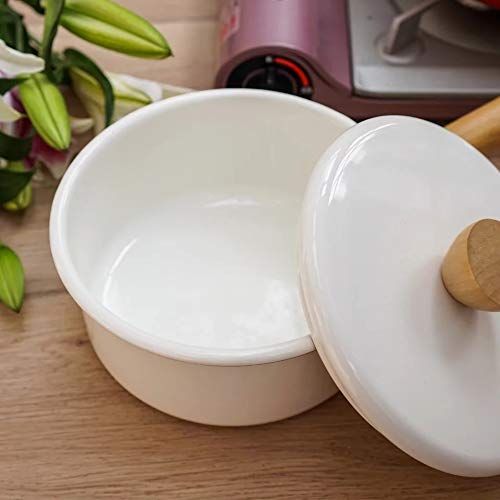  YumCute Home Enamel Sauce Pan Healthy White Enameled Inside Coating Iron Milk Pan and Butter Warmer with Wooden Handle Handy Pot