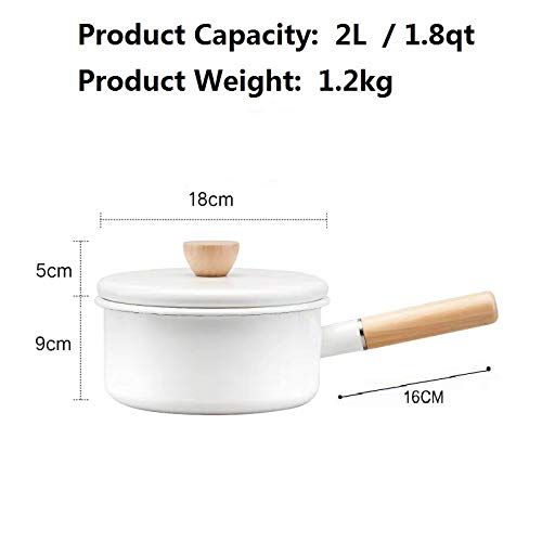  YumCute Home Enamel Sauce Pan Healthy White Enameled Inside Coating Iron Milk Pan and Butter Warmer with Wooden Handle Handy Pot