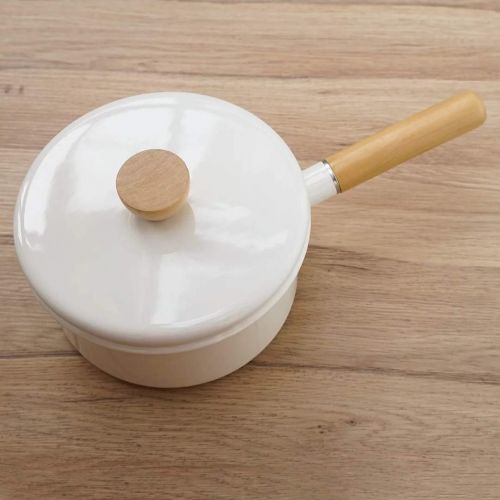  YumCute Home Enamel Sauce Pan Healthy White Enameled Inside Coating Iron Milk Pan and Butter Warmer with Wooden Handle Handy Pot