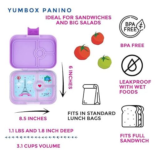  Yumbox Leakproof Bento Box Panino: 4-Compartment Kids & Adults Bento; Perfect for Sandwich Packed Lunch; Compact 8.5x6x1.8; Healthy Portions (Lulu Purple with Paris Themed Tray)