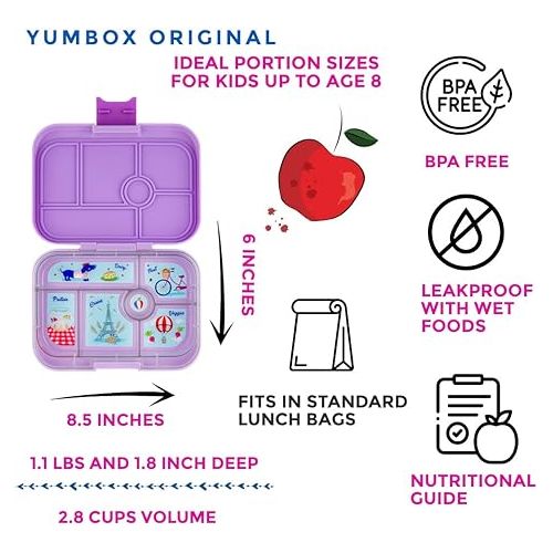  Yumbox Original - Leakproof Bento Lunch box for Kids (2-7 Years) with 5 Compartments, Easy-Open Latch, Optimal Portion Sizes & Removeable Paris Themed Tray (Lulu Purple)