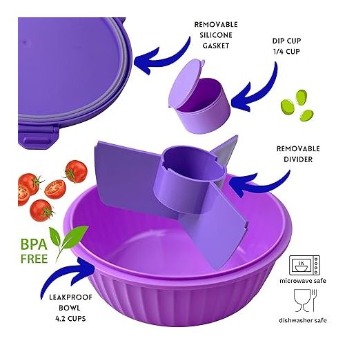  Yumbox® Poke Bowl, Leakproof Salad Bowl with lid, Removable 3-Section Divider, 4.2 Cups Volume, Easy-Open Triple Latches; removable and built-in toppings cup, bento lunch (Maui Purple)