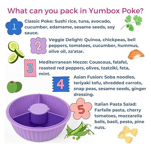  Yumbox® Poke Bowl, Leakproof Salad Bowl with lid, Removable 3-Section Divider, 4.2 Cups Volume, Easy-Open Triple Latches; removable and built-in toppings cup, bento lunch (Maui Purple)