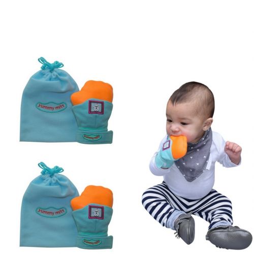  Yummy Mitt Teething Mitten-Self-Soothing Entertainment and Gives Pain Relief from Teething Plus Its an Ideal Baby Shower Gift -Set of Two (2 Blue Yummy Mitt)