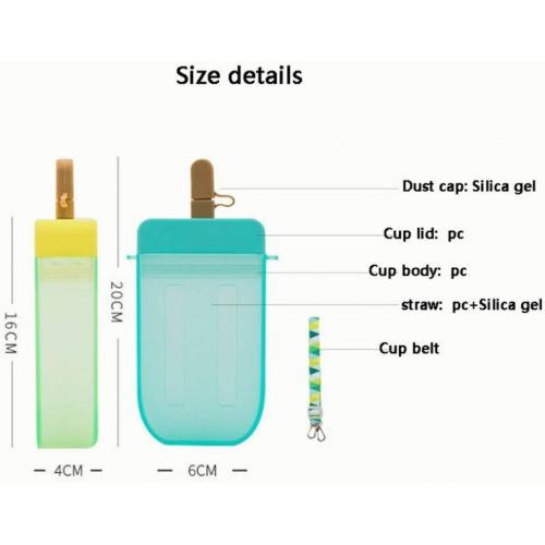  [아마존베스트]YunQin 300ml Cute Straw Cup New Plastic Popsicle Shape Water Bottle BPA Free Transparent Juice Drinking Cup Suitable for Adult Children (Green)