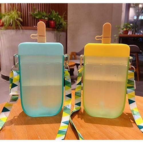  [아마존베스트]YunQin 300ml Cute Straw Cup New Plastic Popsicle Shape Water Bottle BPA Free Transparent Juice Drinking Cup Suitable for Adult Children (Green)