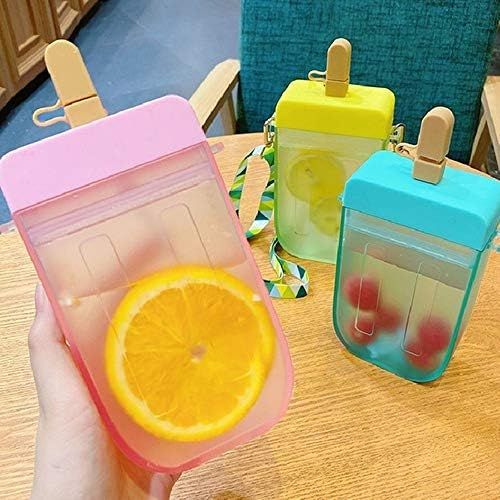  [아마존베스트]YunQin 300ml Cute Straw Cup New Plastic Popsicle Shape Water Bottle BPA Free Transparent Juice Drinking Cup Suitable for Adult Children (Green)