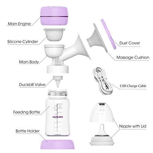  Yunbaby Electric Breast Pump, Portable Milk Pump Breastfeeding with Massage Mode and Adjustable Suction Pumping Levels for Moms Comfort, Voice Guide LCD Display USB Charging, BPA Free Food