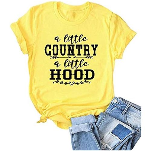  Yunchuang Women A Little Country A Little Hood Letter Print Tops Round Neck Short Sleeve Tee T-Shirt