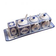 Yunfeng Seasoning Box,Kitchen Ceramic Condiment Storage Container with Tray Blue and White Porcelain Sauce Vinegar Oil Pot