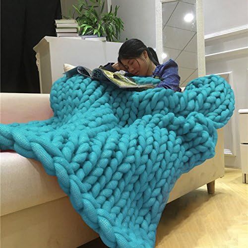  Chunky Knit Blanket Throw Giant Hand Knitted Soft Crochet Blanket Large Fluffy Warm Blanket by Yunhigh for Couch Sofa Bed Chair Living Room - Turquoise