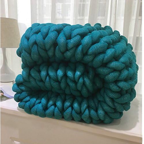  Chunky Knit Blanket Throw Giant Hand Knitted Soft Crochet Blanket Large Fluffy Warm Blanket by Yunhigh for Couch Sofa Bed Chair Living Room - Turquoise