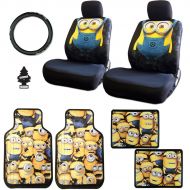 Yupbizauto 10 Pieces Despicable Me Minion Design Car Seat Covers Floor Mats and Steering Wheel Cover Set with Air Freshener