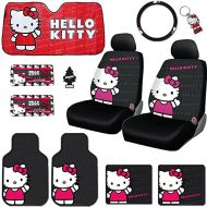 Yupbizauto New 12 Pieces Hello Kitty Car Seat Cover with 4 Rubber Mats, License Plate Frame, CD Visor Organizer, Steering Wheel Cover, Large Size Sunshade, Key chain and an Air Freshener