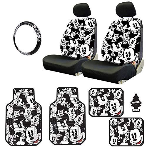  Yupbizauto Disney Mickey Mouse Design Sideless Low Back Car Seat Covers Floor Mats Steering Wheel Cover Accessories Set with Air Freshener