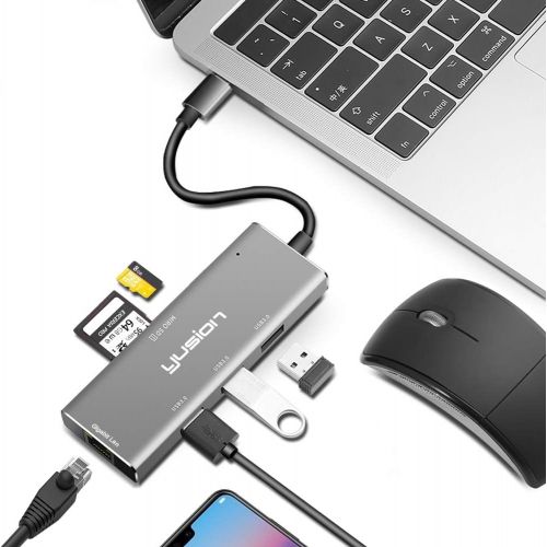  USB C 6-in-1 Hub,Yusion USC-C 3.1 Multiport Adapter with RJ45 Gigabit Ethernet LAN Network,3 USB3.0 Ports,SDTF,for MacBook Pro,Chromebook and More USB C Devices (Grey-2)