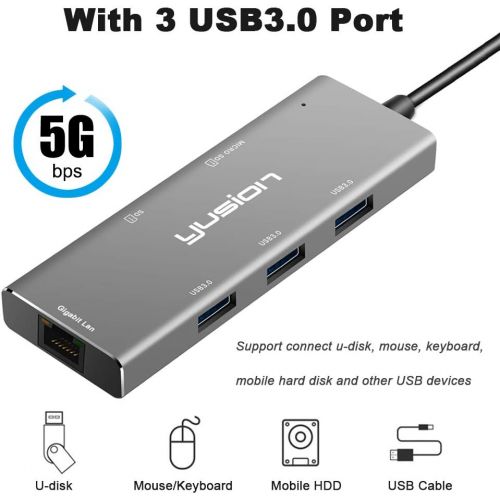  USB C 6-in-1 Hub,Yusion USC-C 3.1 Multiport Adapter with RJ45 Gigabit Ethernet LAN Network,3 USB3.0 Ports,SDTF,for MacBook Pro,Chromebook and More USB C Devices (Grey-2)
