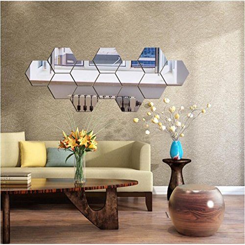  Yusylvia 12PCS Hexagonal 3D Acrylic Mirrors Wall Stickers Home Decor Living Room DIY Modern Art Mirror Wall Mural Decoration (large, Silver)