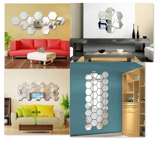  Yusylvia 12PCS Hexagonal 3D Acrylic Mirrors Wall Stickers Home Decor Living Room DIY Modern Art Mirror Wall Mural Decoration (large, Silver)