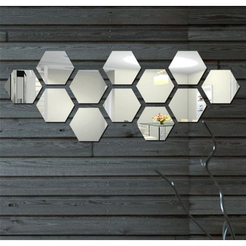  Yusylvia 12PCS Hexagonal 3D Acrylic Mirrors Wall Stickers Home Decor Living Room DIY Modern Art Mirror Wall Mural Decoration (large, Silver)