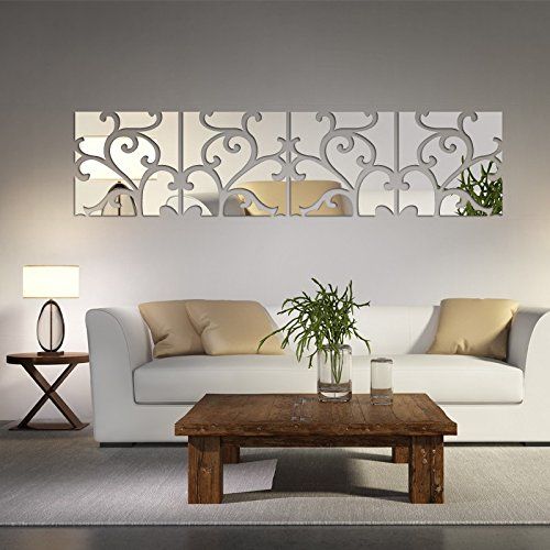  Yusylvia Set of 8PCS Large 3D Decorative Wall Decals for Home, Large Modern Acrylic Mirror, Fixed Living Surface, Fashionable DIY Wall Sticker (Small 20x20CM, Silver)