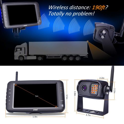  Yuwei Wireless Backup Camera System, IP69K Waterproof Wireless Rear View Camera + 5’’ LCD Wireless Reversing Monitor for Trailer, RV, Trucks, Horse-Trailer, School Bus, Farm Machine,etc