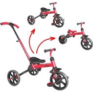 Yvolution 3 in 1 Toddler Trike Velo Flippa Push Tricycle Toddler Balance Bike with Parent Steering Push Handle for Boys Girls 2-5 Years Old (Red)