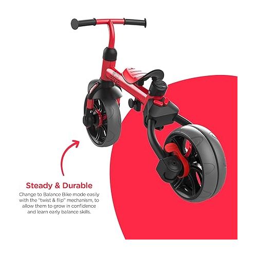  Yvolution 3 in 1 Toddler Trike Velo Flippa Push Tricycle Toddler Balance Bike with Parent Steering Push Handle for Boys Girls 2-5 Years Old (Red)