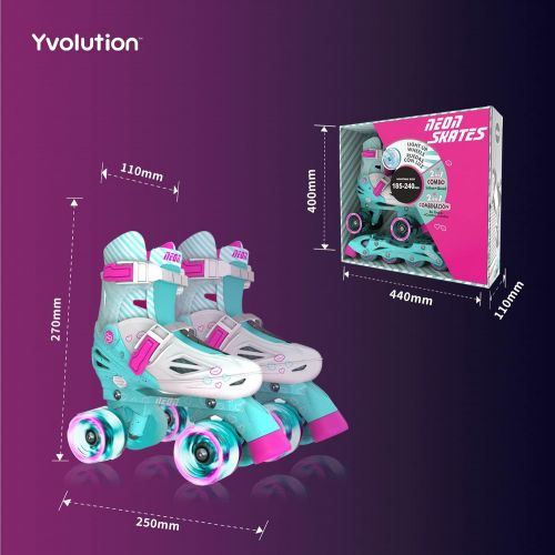  Yvolution Neon Combo Skates Quad and Inline 2-in-1 Skates for Kids with LED Wheels, Adjustable Sizing