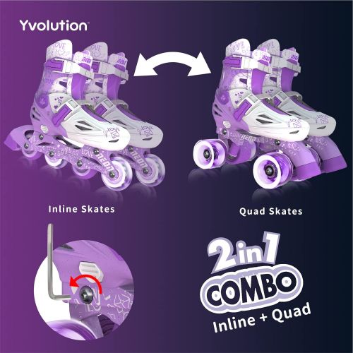  Yvolution Neon Combo Skates Quad and Inline 2-in-1 Skates for Kids with LED Wheels, Adjustable Sizing