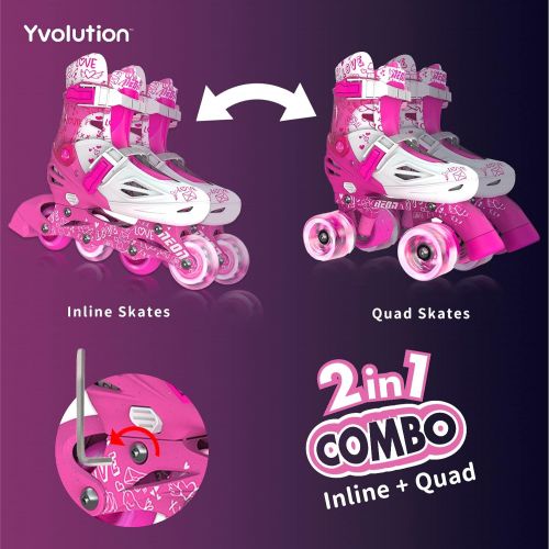  Yvolution Neon Combo Skates Quad and Inline 2-in-1 Skates for Kids with LED Wheels, Adjustable Sizing