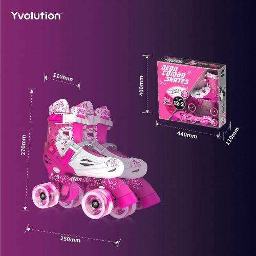  Yvolution Neon Combo Skates Quad and Inline 2-in-1 Skates for Kids with LED Wheels, Adjustable Sizing