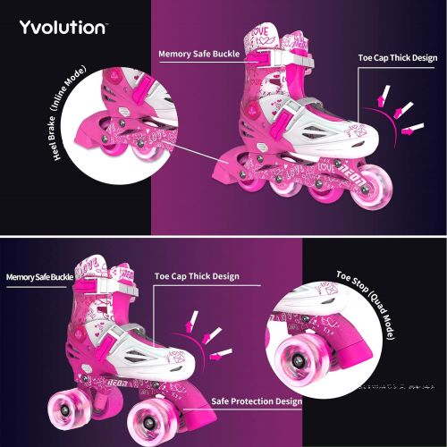  Yvolution Neon Combo Skates Quad and Inline 2-in-1 Skates for Kids with LED Wheels, Adjustable Sizing