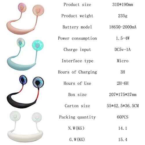  [아마존베스트]Yyooo Portable Mini Neckband Fan LED Light USB Rechargeable Hanging Neck Lazy Dual Head Fan Perfect for Students Home School