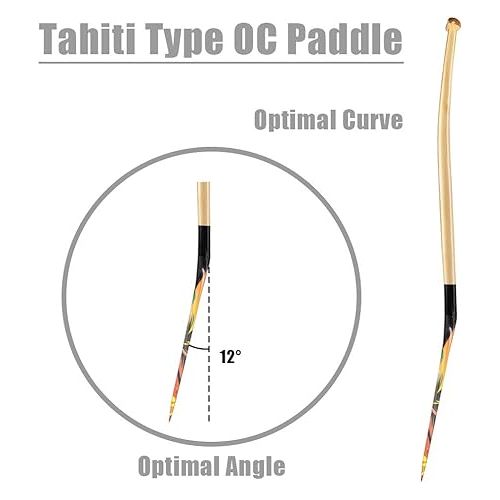  Z&J SPORT Outrigger Canoe Paddle Wooden Shaft, Tahiti Style Hybrid OC Paddle with Graphics Carbon Blade, Durable OC Paddle for Waka AMA, va’a, Bent Shaft & 12 Degree Blade