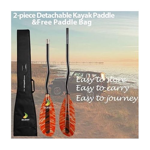  Z&J SPORT Kayak Paddle with Bag, Carbon Shaft Kayaking Paddle and Fiberglass Blade, Recreational Touring Kayak Paddle for Dynamic Kayaking in Ocean, River, Lake