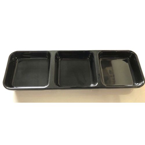  Z Moments Melamine 3-Compartment Divided Soy Sauce Dishes Plates Spicy Mustard Wasabi Sashimi Rectangular, 8-3/4 L X 2-3/4 W, Black (12)