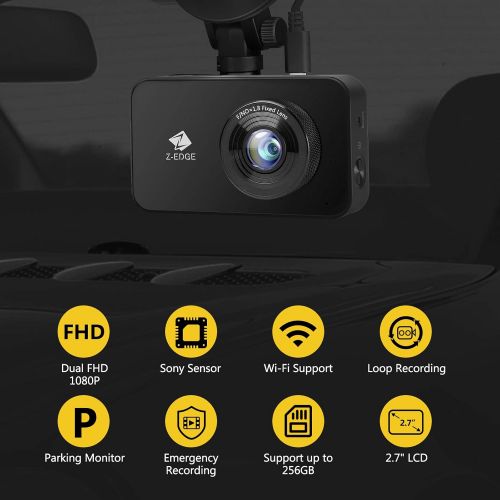  [아마존베스트]Z Z-Edge Z-Edge Dual Dash Cam Built-in Wi-Fi, Dual 1920x1080P FHD, Front and Rear Dash Cam with WDR, Night Vision, Parking Mode, G-Sensor, Loop Recording, Support 256GB Max