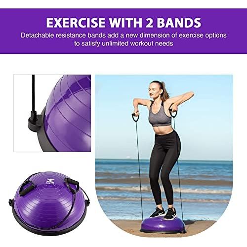  Z ZELUS ZELUS Balance Ball Trainer Half Yoga Exercise Ball with Resistance Bands and Foot Pump for Yoga Fitness Home Gym Workout