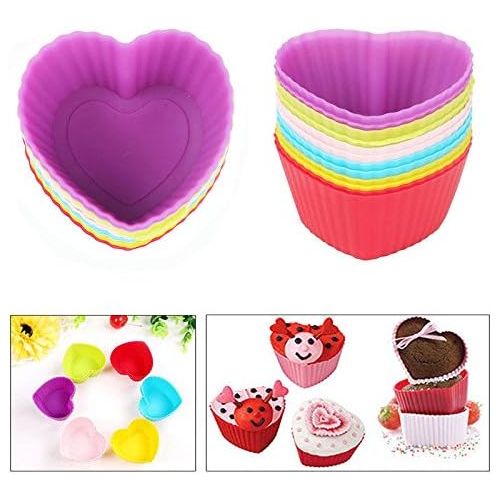  Heart Silicone Baking Cups, Heart Molds Love Cupcake Liners Large Resusable Muffin Cups, 30 Packs(Rainbow Colors)