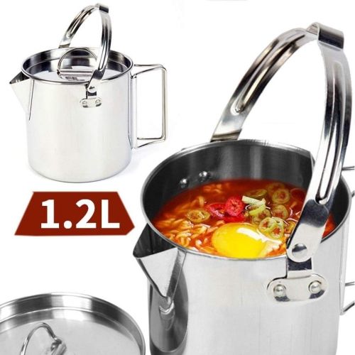  ZAIHW Camping Cooking Kettle 1.2 L Outdoor Cookware Stainless Steel Pot with Extended Handle and Dual Use Cover Portable for Hiking Backpacking Picnic