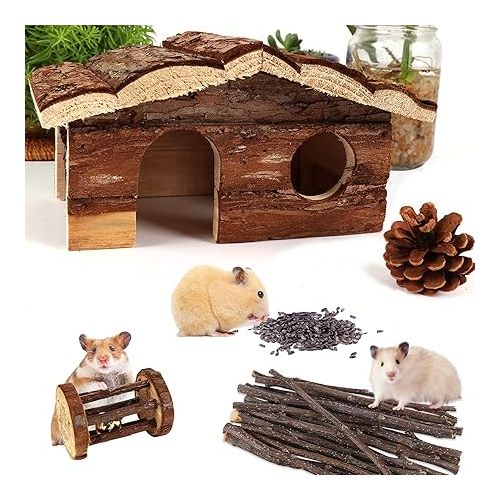  ZALALOVA Hamster-Chew-Toys Pet Activity Structure, 17 Pack Wooden Accessories with House, Food Bowl, Activity Toys for Mouse, Rats, Gerbils, Small Birds