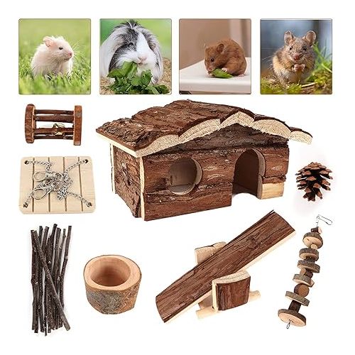  ZALALOVA Hamster-Chew-Toys Pet Activity Structure, 17 Pack Wooden Accessories with House, Food Bowl, Activity Toys for Mouse, Rats, Gerbils, Small Birds