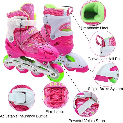  ZALALOVA Inline Skates for Kids, 4 Size Adjustable Skates with Shiny Surface and Light Up Wheels Beginner Pink Roller Skates for Girls